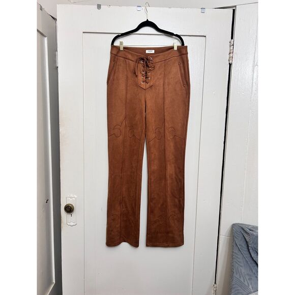 Rumored Yellowstone Faux Leather Suede Saddle Brown low rise lace tie up pants. - Picture 5 of 11